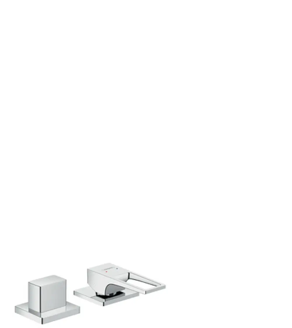 Zweiteiliger Wannenrandmischer von Hansgrohe in Chromausführung mit Bügelgriff. Das Produkt zeigt klare geometrische Formen und ein einfaches, modernes Design.